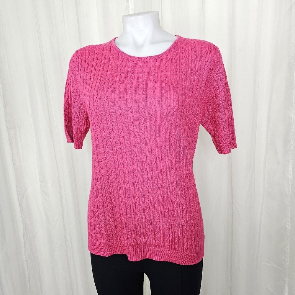 Sutton Studio Fuchsia Cable Knit Short Sleeve Sweater Tee Large Silk Cashmere